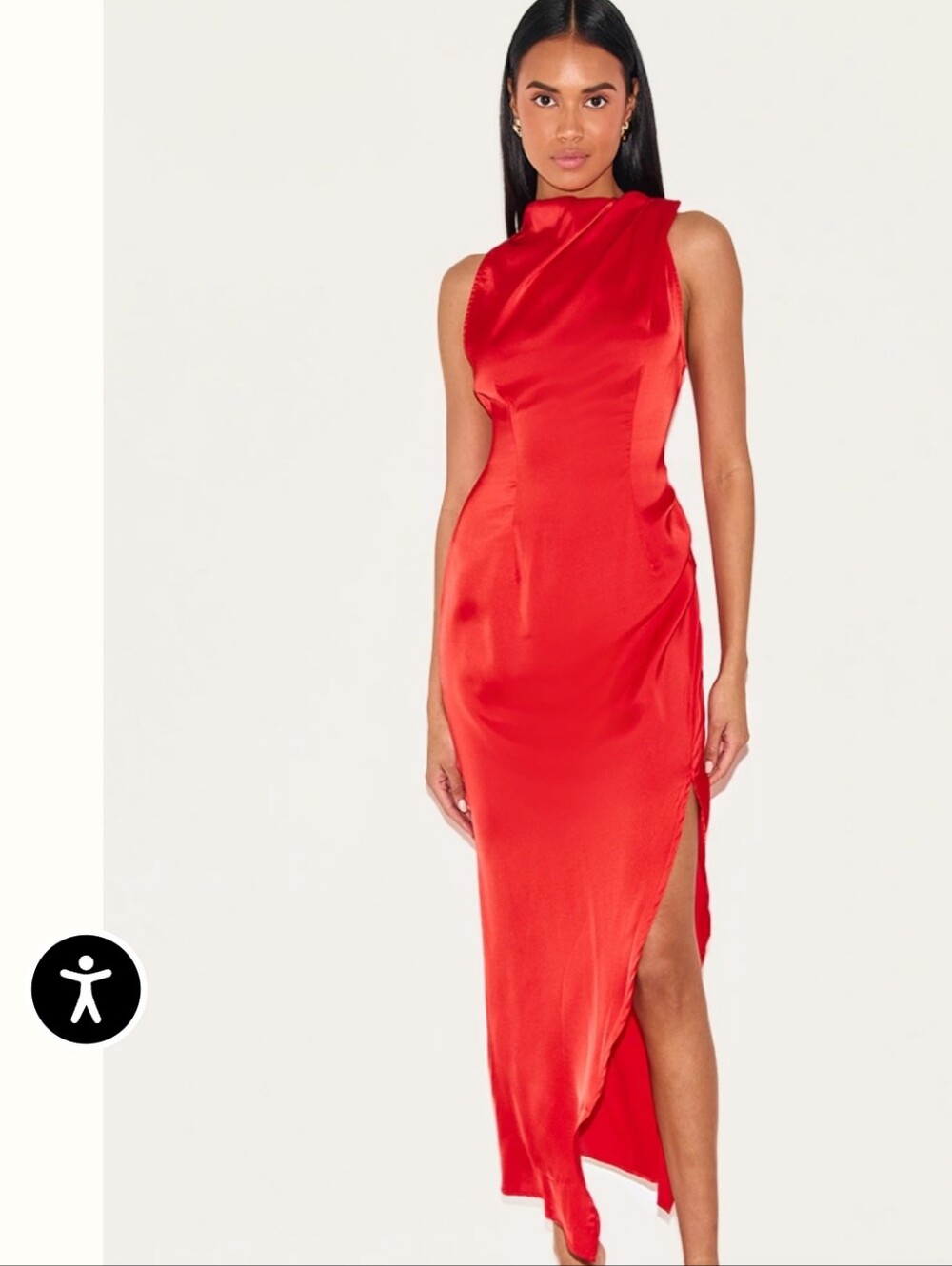 PrettyLittleThing Red Satin High Neck Ruched Back Dress